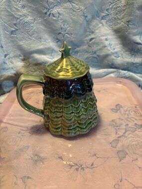 Green Ceramic Christmas Tree Mug with Star Lid by Anthropologie